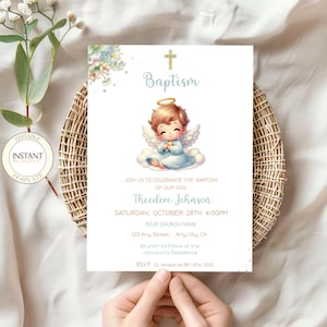 Invito per battesimo di bambino, invito per battesimo di bambino, modello digitale modificabile, modello di invito per angioletto, modello digitale, download immediato, stampabile