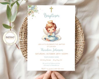 May include: A blue and white baptism invitation with a cute cartoon angel holding a star. The invitation includes the text "Baptism", "Theodore Johnson", "Saturday, October 28th 4:00PM", "Your Church Name", "123 Any Street Any City, CA", "Brunch to follow at the Johnson's Residence", and "RSVP to Amele at 987-654-3210".