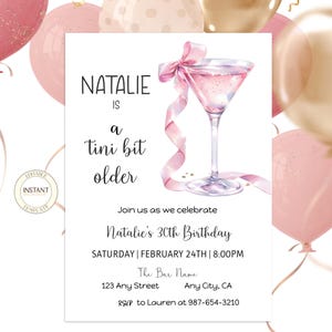 Ein Tini Bit ältere Geburtstagseinladung Coquette Pink Bow Bearbeitbare Martini-Einladungsvorlage Digitaler Download zum ausdrucken