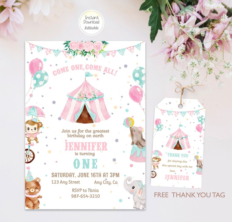 Editable Circus Birthday Pink Invitation Carnival Party Invite Thank You Favor Tag Set Template Instant Download Printable image 1