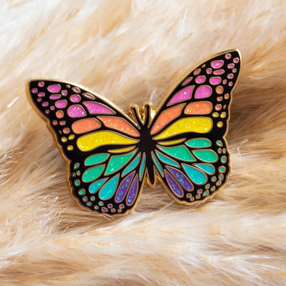 Rainbow Butterfly Hard Enamel Pins, Cute Butterfly Pins, Rainbow Butterfly Lapel Pin, Glitter Badge, Celestial Monarch Butterfly Enamel Pin