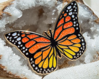 Glitter Monarch Butterfly Enamel Pin – Nature Lapel Badge, Unique Small Gift