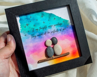 Framed Pebble Art Couple Portrait, Anniversary Gift, Handmade Wall Decor, Sparkly Holographic Details