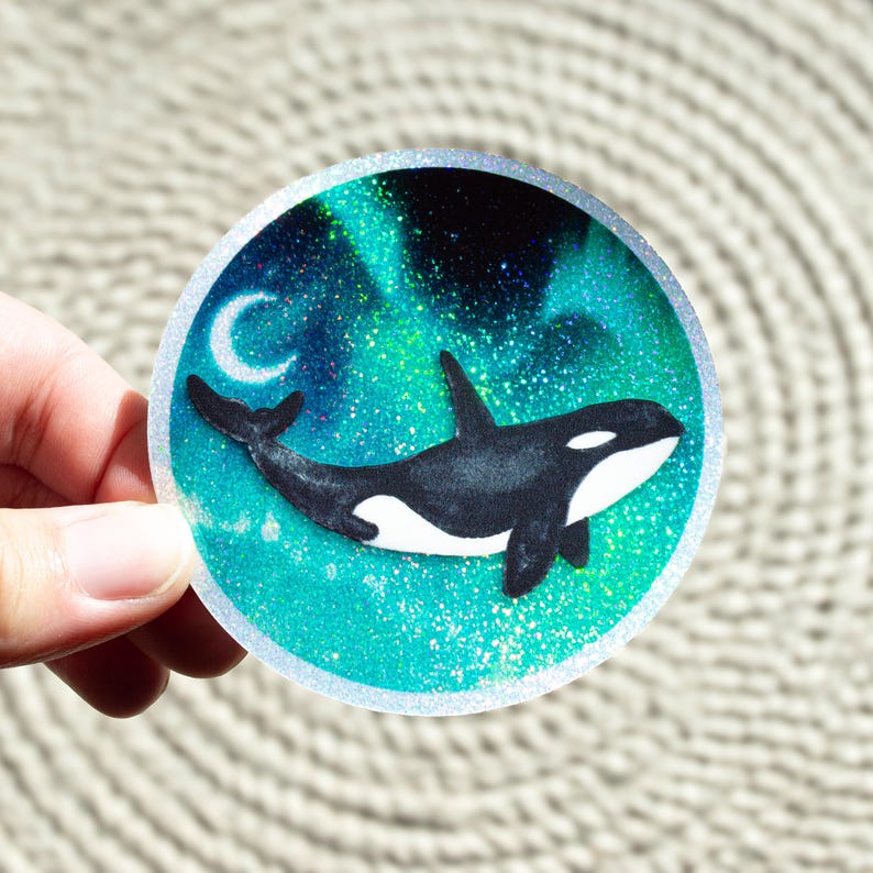 Glitter Orca Killer Whale Sticker, Waterproof Holographic Vinyl Decal ...