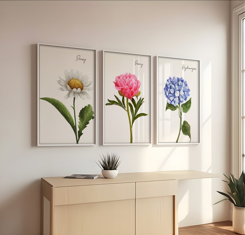Set of Three Flower Wall Artfloral Wall Artbotanical Wall Etsy