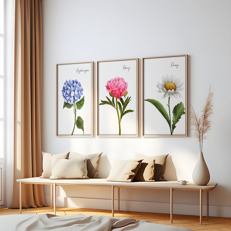 Set of Three Flower Wall Artfloral Wall Artbotanical Wall Etsy