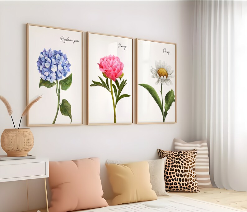 Set of Three Flower Wall Artfloral Wall Artbotanical Wall Etsy
