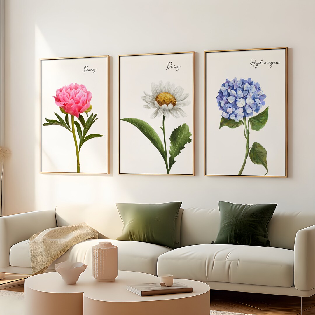 Set of Three Flower Wall Artfloral Wall Artbotanical Wall Etsy