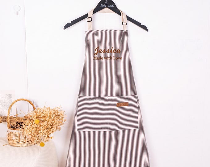 Personalized Embroidered Apron for Women, Baking Striped Apron With Pockets Adjustable Straps, Christmas Gifts