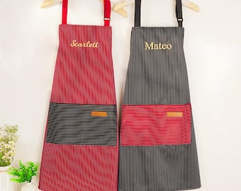 Personalized Striped Apron for Women, Baking Smock with Adjustable Straps & Pocket, Mother's Gift