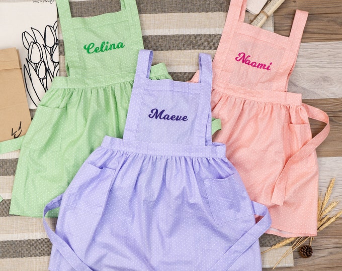 Girl Toddler Apron with Name, Custom Children Cooking Pinafore, Personalized Spotted Apron With Pockets, Christmas Gifts for Kids