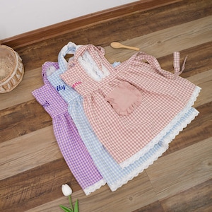 Personalized Apron for Kids, Custom Embroidery Toddler Apron, Cooking Plaid Apron, Lace Edge with Pockets, Christmas Gifts for Kids/Girls