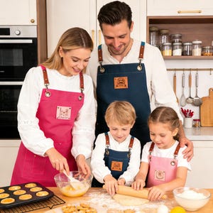 May include: A family of five wearing matching aprons while baking in a kitchen. The aprons are in shades of pink and navy blue with brown leather straps. The aprons have a rectangular patch with text and a logo. The family is smiling and working together.