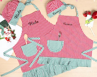 Personalized Christmas Apron Set, Cotton Gingham Aprons with Chef Hats