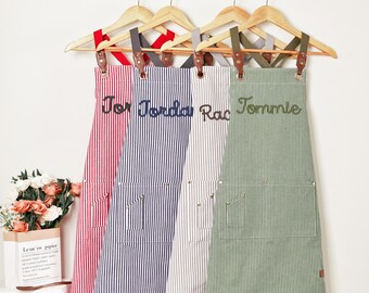 Personalized Apron for Women, Hand Stitched Name Striped Canvas Kitchen Baking Apron, Mom's gift