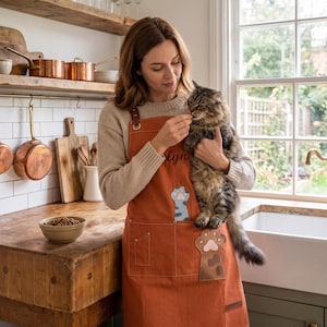 Delantal de lona personalizado para gatos con parche de cuero, bolsillos de cocina para adultos, regalo para dueños de mascotas.