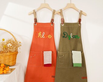 Personalized Canvas Kitchen Apron with Pockets and Towel, Custom Embroidered Name Baking Gifts