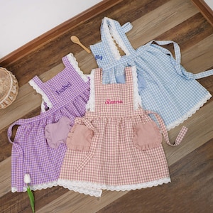 Personalized Apron for Kid, Custom Embroidery Toddler Apron, Baking Plaid Apron, Lace Edge with Pockets for girls, Easter Gifts for Kids