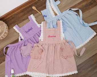 Personalized Apron for Kid, Custom Embroidery Toddler Apron, Baking Plaid Apron, Lace Edge with Pockets for girls, Easter Gifts for Kids