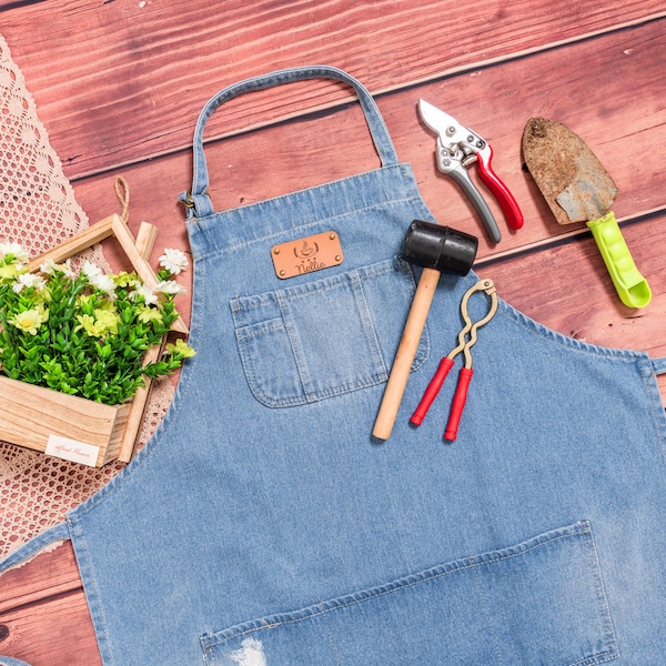 Personalized Gardening Denim Apron with Pocket, Leather Patch Cooking Apron for Women, Christmas Gifts