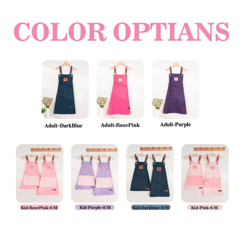May include: A selection of aprons in shades like dark blue, rose pink, and purple. Adult and kid sizes are presented. The aprons feature adjustable straps and pockets. The text "COLOR OPTIANS" is displayed at the top.