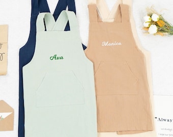Personalized Kids Apron, Custom Embroidery Toddler Apron, Cotton Linen Cooking Pinafore, Cross Back With Pocket, Special Gift for Kids/Girl