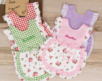 Personalized Apron for Kids, Custom Embroidery Toddler Bibs, Cooking Kitchen Gifts, Cute Plaid Lace apron for Girls, Art Smock Pattern