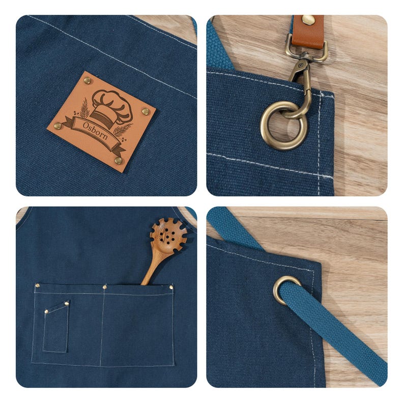 May include: A navy blue apron with a leather patch displaying a chef's hat and the name "Osborn". The apron has a pocket, a wooden spoon, and a brown leather strap with a metal clasp. The apron is made of a durable fabric.