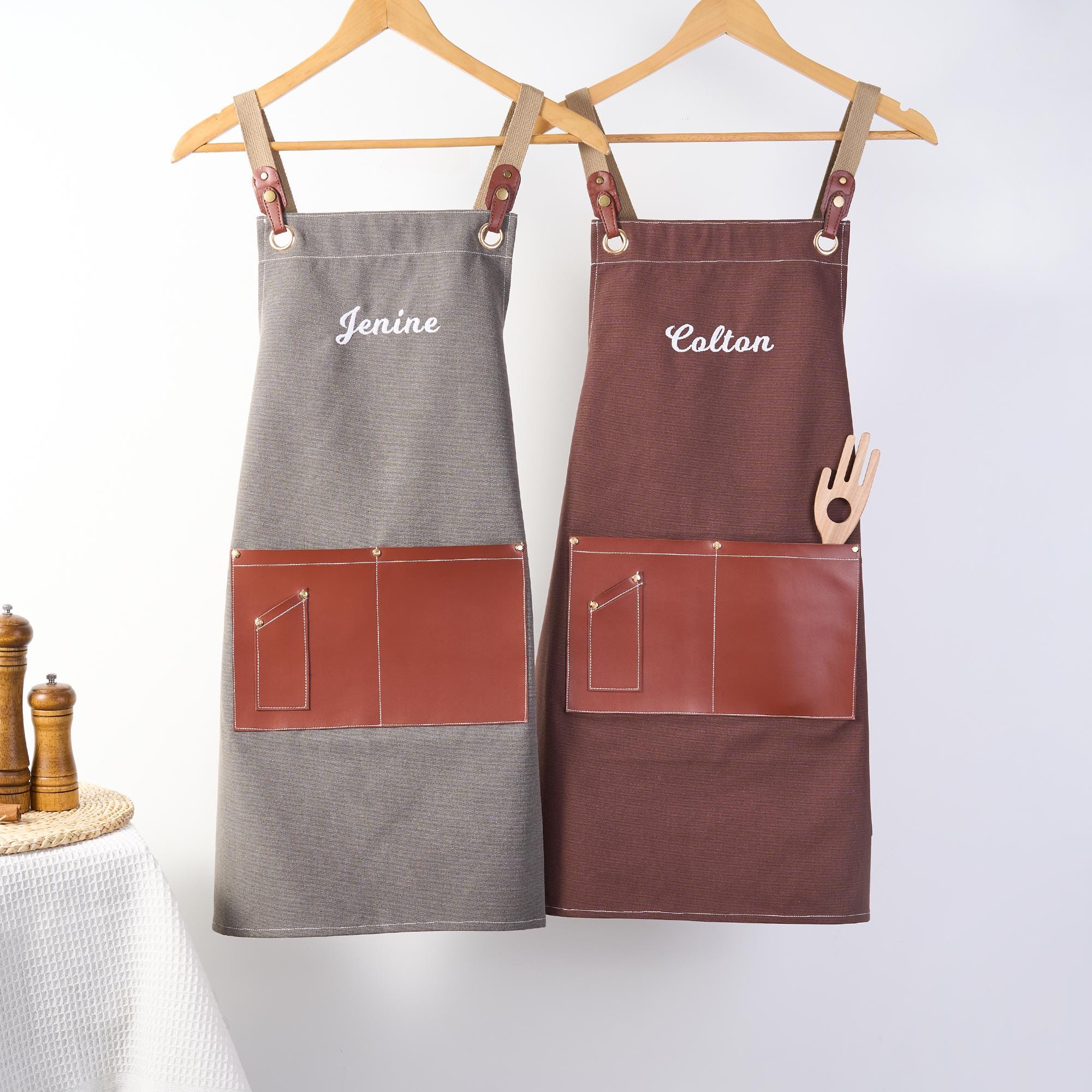 Personalized Canvas Apron with Leather Pockets: Embroidered Work Apron