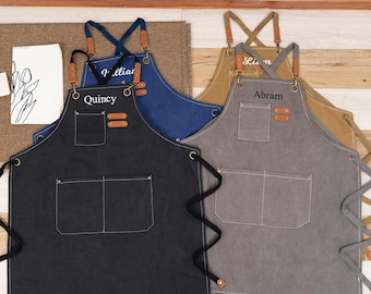 Personalized Canvas Apron, Custom Artist Apron for Men, BBQ/Bartender&#39;s/Barista&#39;s Apron, Embroidered Apron for Cooking, Thanksgiving Gift