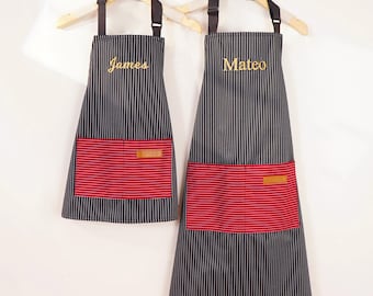 Personalized Embroidered Cotton Striped Apron with Pockets, Gift for Mom/Kids, Home Cook