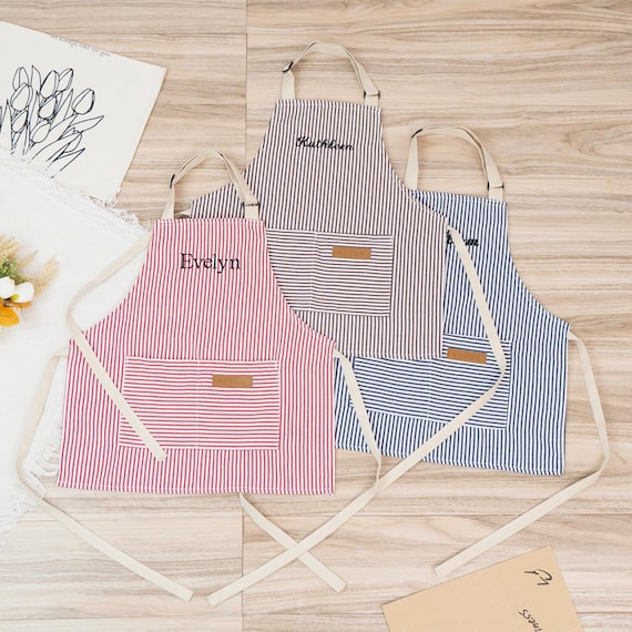 Personalized Apron for Kids, Custom Toddler Apron Embroidered Name, Striped Apron With Pockets, Cooking Party, Birthday Gift for Child