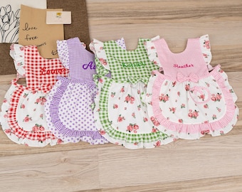 Personalized Kids Apron, Embroidered Name, Plaid Lace Floral Apron