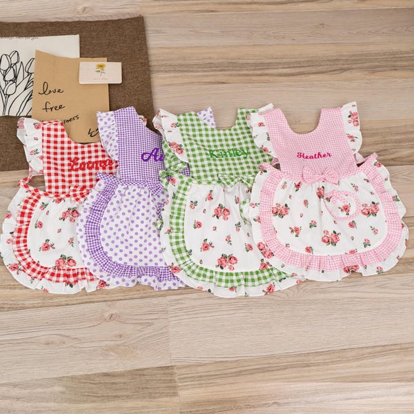 Personalized Kids Apron, Embroidered Name, Plaid Lace Floral Apron