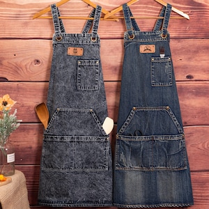 Custom Denim Work Apron with Leather Tag, Unisex Chef Apron