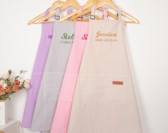 Personalized Adult Striped Apron with Pockets & Adjustable Straps, Embroidered Baking Kitchenwear Gift