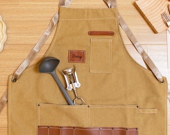 Personalized Canvas Apron for Men, Kitchen Apron with Leather Pockets, Adjustable BBQ Gardening Gift