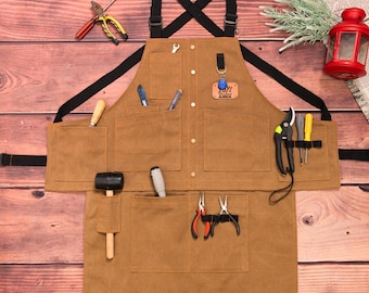 Custom Canvas Work Apron for Men, Detachable Tool Apron with Pockets, Workshop & Crafting Gift