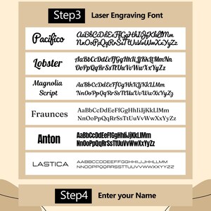 Op de afbeelding: Een grafiek met verschillende lettertypen voor lasergraveren. De lettertypen omvatten Pacifico, Lobster, Magnolia Script, Fraunces, Anton en Lastica. De tekst "Stap 3 Lasergraveerlettertype" en "Stap 4 Voer uw naam in" is ook inbegrepen.