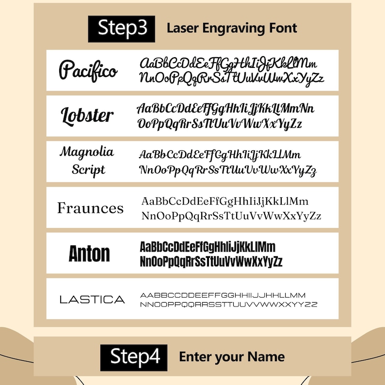Op de afbeelding: Een grafiek met verschillende lettertypen voor lasergraveren. De lettertypen omvatten Pacifico, Lobster, Magnolia Script, Fraunces, Anton en Lastica. De tekst "Stap 3 Lasergraveerlettertype" en "Stap 4 Voer uw naam in" is ook inbegrepen.