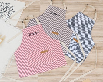 Personalized Apron for Kids, Custom Toddler Apron Embroidered Your Name, Striped Apron With Pockets, Cooking Party, Birthday Gift for Child