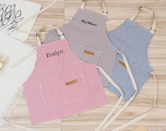 Personalized Apron for Kids, Custom Toddler Apron Embroidered Your Name, Striped Apron With Pockets, Cooking Party, Birthday Gift for Child