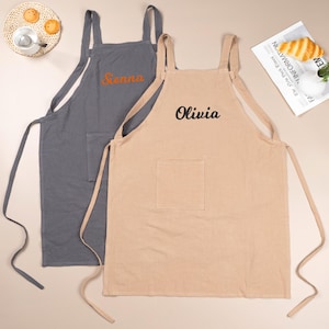 Personalized Cotton Linen Apron: Custom Embroidered Kitchen Apron with Pockets