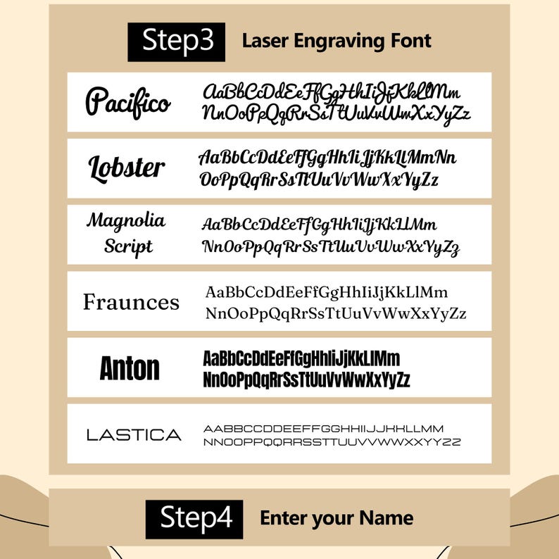 May include: An image displaying various laser engraving fonts: Pacifico, Lobster, Magnolia Script, Fraunces, Anton, and Lastica. The image also includes the text "Step 3 Laser Engraving Font" and "Step 4 Enter your Name".