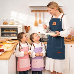 May include: A kitchen scene featuring a woman and two children wearing aprons. The woman wears a navy apron with leather straps, while the children have pink and purple aprons. Baking equipment and utensils are visible, creating a family cooking theme.