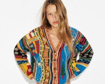 Vintage Style 3D Strukturstrickjacke: Bunt gemusterter Winter Boho Mantel
