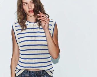 Blau gestreiftes Strick Tank Top – Französischer Stil Minimal Pulli Weste