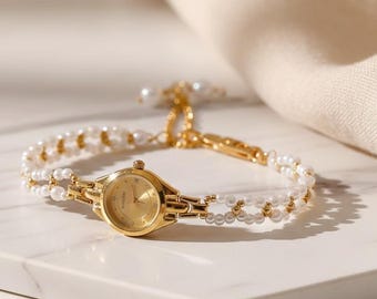 Vintage Perlen Armband Uhr, Elegante Gold Ton Schmuck Uhr