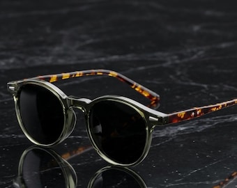 Retro runde Sonnenbrille, transparenter Acetatrahmen, Schildkrötenbügel, graue Gläser -Bunt