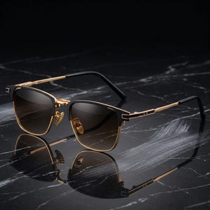 Puede incluir: Gafas de sol negras y doradas con lentes marrones. Las gafas presentan un dise&ntilde;o cl&aacute;sico con puente y patillas doradas. Las lentes cuadradas ofrecen un aspecto elegante y contempor&aacute;neo. Reflejo de las gafas en la superficie.